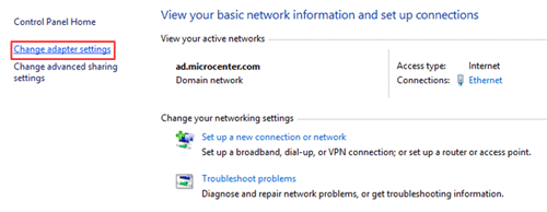 Network and Sharing Center, Change Adapter Settings